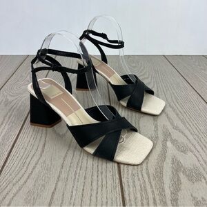 Dolce Vita Women's Tiki Block Heel Sandals 8 Black Embossed Leather $130